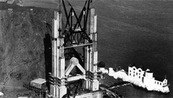 The Marin tower of the Golden Gate Bridge under construction in 1933. Courtesy the Golden Gate Bridge, Highway and Transportation District.
