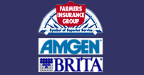 farmers insurance logo, amgen logo, brita logo