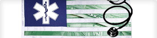U.S. flag with medical symbol in place of stars and dollar bill as stripes, stethoscope resting atop