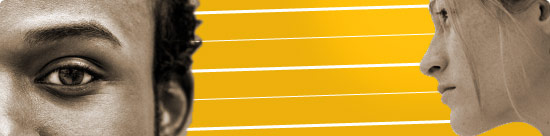 image montage: close-ups of african american man and caucasian woman against background of regular horizontal stripes