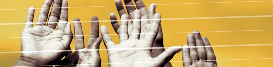 image montage: hands reaching up, regular stripes overlayed