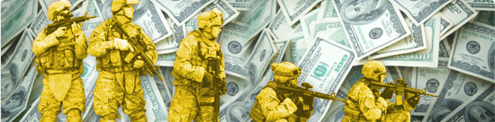 photomontage: soldiers against a background of $100 bills