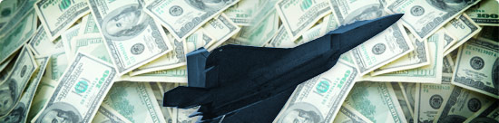 photo montage: fighter jet against background of $100 bills