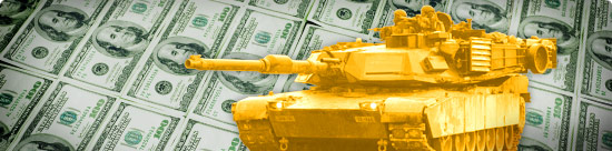 photo montage: tank on a background grid of $100 bills