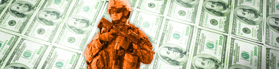 photo montage: soldier against a background of $100 bills