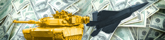 photomontage: tank, soldier and fighter jet against background of $100 bills