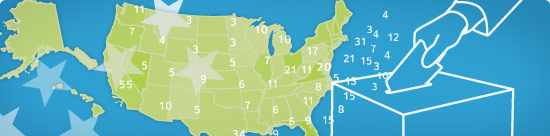 image montage: U.S. map, numbers (electoral college votes), stars, ballot box