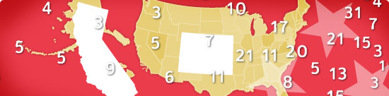 image montage: shape of California and Wyoming, numbers, stars, overlayed on U.S. map