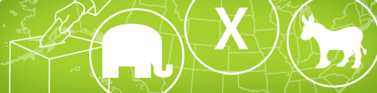image montage: ballot box, U.S. map, GOP and Democratic symbols, X (third party)