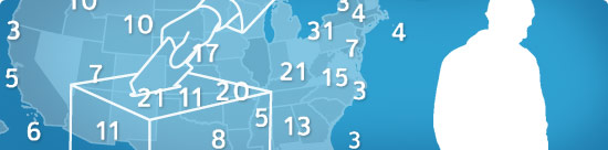image montage: ballot box, U.S. map, numbers (electoral college votes), silhouette of man facing downward and away