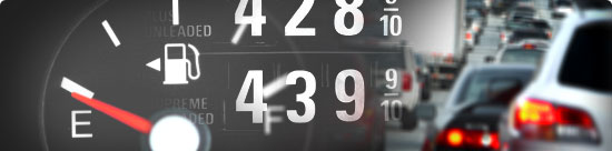 montage: fuel gauge points to empty, gasoline prices, traffic jam