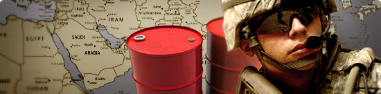 montage: map of the Middle East, red oil barrels, a U.S. soldier on guard. (this montage uses a photo by Staff Sgt. Jason T. Bailey, U.S. Air Force. (www.army.mil)