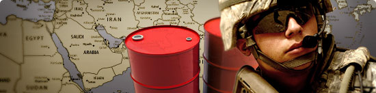 montage: map of the Middle East, red oil barrels, a U.S. soldier on guard. (this montage uses a photo by Staff Sgt. Jason T. Bailey, U.S. Air Force. (www.army.mil)