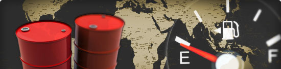 montage: red oil barrels, a fuel gauge pointing to empty, a map of the world
