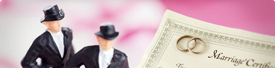 photo montage: two wedding cake figurine grooms, weddings bands, a marriage certificate