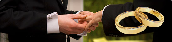 tuxedoed grooms exchanging wedding rings