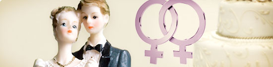 photo montage: butch and femme wedding figurines couple, two female symbols, a wedding cake