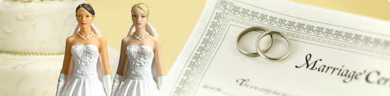 photo montage: two wedding cake figurine brides, wedding rings, marriage certificate