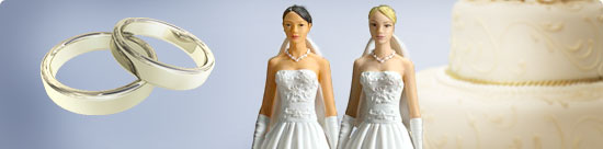 photo montage: wedding rings, wedding cake figurine brides, wedding cake