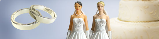 photo montage: wedding rings, wedding cake figurine brides, wedding cake