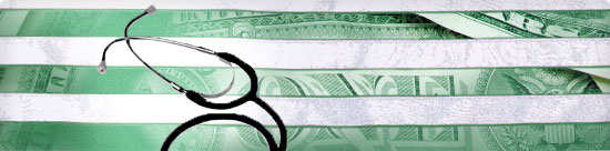 U.S. flag with medical symbol in place of stars and dollar bill as stripes, stethoscope resting atop