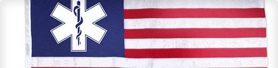 U.S. flag with medical symbol in place of stars and dollar bill as stripes, stethoscope resting atop