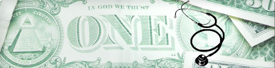 U.S. flag with medical symbol in place of stars and dollar bill as stripes, stethoscope resting atop