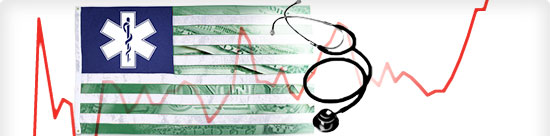 U.S. flag with medical symbol in place of stars and dollar bill as stripes, stethoscope resting atop