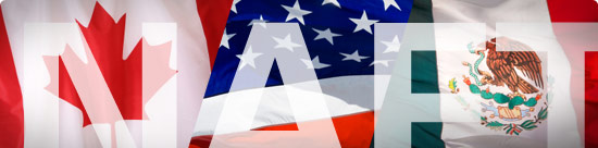 image montage: flags of Canada, U.S., Mexico, all overlayed by the word 'NAFTA' in bold translucent letters that flow beyond the frame