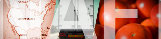 image montage: map of North America, trailer truck, tomatoes, all overlayed by the word 'NAFTA' in bold translucent letters that flow beyond the frame