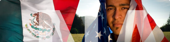 image montage: flag of Mexico, young Latino man wrapped in U.S. flag, all overlayed by the word 'NAFTA' in bold translucent letters that flow beyond the frame