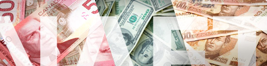 image montage: currencies of Canada. the U.S., and Mexico, all overlayed by the word 'NAFTA' in bold translucent letters that flow beyond the frame