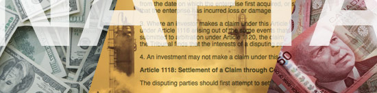 U.S. currency, factory smokestacks in haze, Canadian currency, all overlayed by the word 'NAFTA' in bold translucent letters that flow beyond the frame