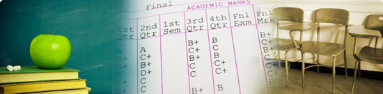 image montage: apple, chalk and books, report card, row of empty  
school desks
