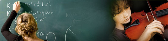 photo montage: student writing equations on chalk board that  
fades to blank, student playing violin