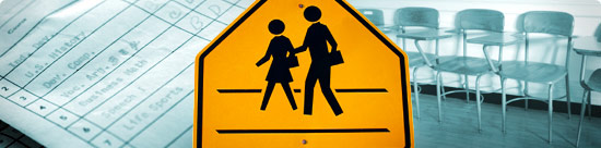 photo montage: report card, school crossing sign, row of empty  
school desks