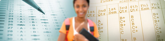 photo montage: pencil above standardized test answers, blurred  
student, report card detail