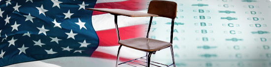 photo montage: american flag, empty school desk, standardized  
test answers
