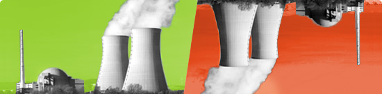 image montage: nuclear energy plant and cooling towers, green and red backgrounds