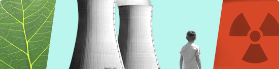 detail of green leaf, child gazing at colling towers, red radioactivity symbol