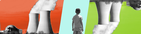 photo montage: containment buildings and cooling towers against red and green backgrounds, child looking into the distance