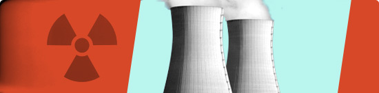 photo montage: red radioactivity symbol, steaming containment towers