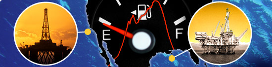image montage: oil rigs, ocean waves, u.s. west coast, fuel gauge, oil production curve