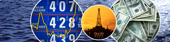 photo montage: ocean waves, gas prices, price curve, oil rig, $100 bills