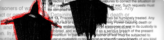 hooded figure repeated against a background of text from the Geneva Conventions