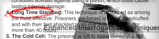 montage: text describes "enhanced interrogation techniques." background: twin towers burn on 9/11/2001