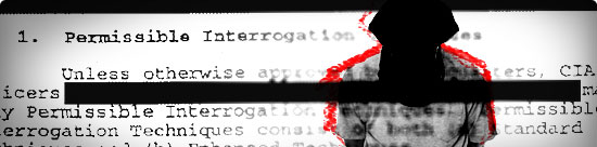 hooded, bent-over figure surrounded by blurred text, "permissible interrogation techniques..."